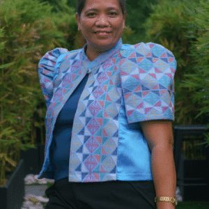 Blue Filipiniana Top with Yakan Sleeves & Front Panel